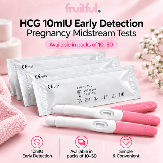 Fruitful HCG 10mIU early detection pregnancy midstream tests, available in packs of 10 to 50