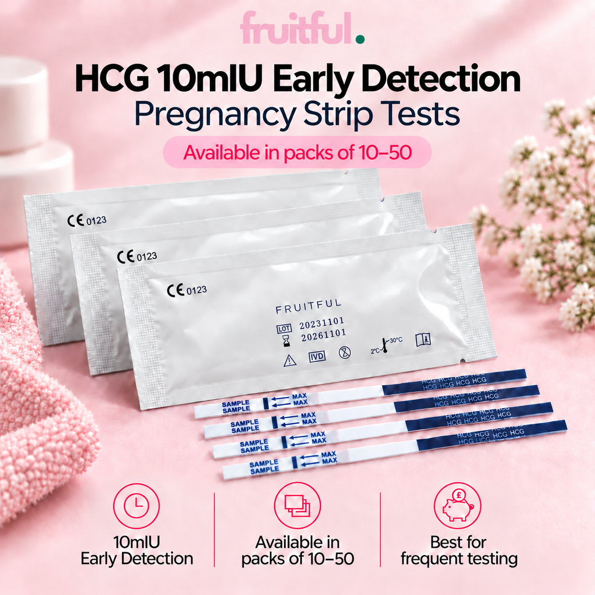 Fruitful HCG 10mIU early detection pregnancy strip tests, available in packs of 10 to 50
