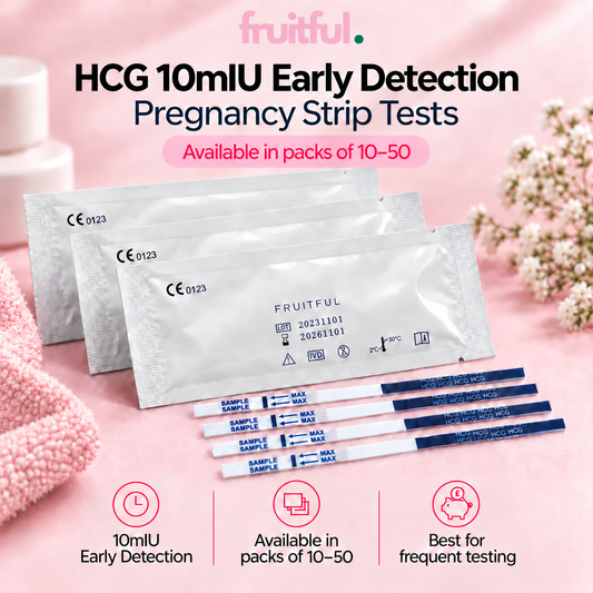 Fruitful HCG 10mIU early detection pregnancy strip tests, available in packs of 10 to 50