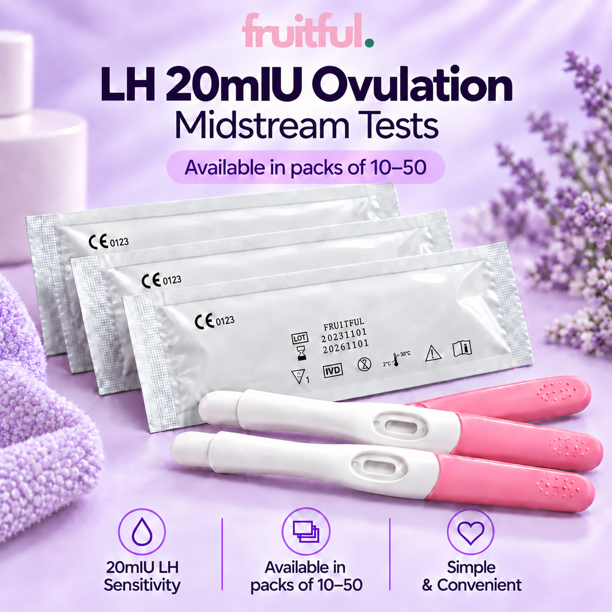 Fruitful LH 20mIU ovulation midstream tests, available in packs of 10 to 50