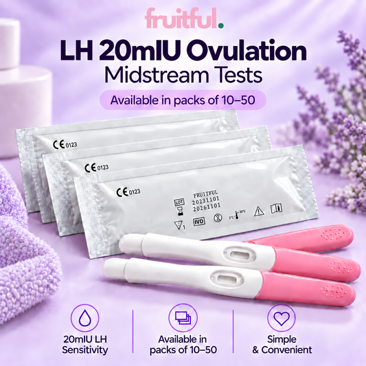 Fruitful LH 20mIU ovulation midstream tests, available in packs of 10 to 50