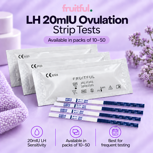 Fruitful LH 20mIU ovulation strip tests, available in packs of 10 to 50